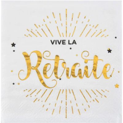 Serviettes blanches et dorées Vive la Retraite - Lot de 20 - Publicité Serviettes blanches et dorées Vive la Retraite - Lot de 20 - Publicité