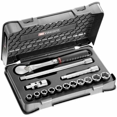 Facom 15-teiliger 1/2 Zoll Steckschlüssel-Set - Ratschenschlüssel, Verlängerungen, Universalgelenk Facom 15-teiliger 1/2 Zoll Steckschlüssel-Set - Ratschenschlüssel, Verlängerungen, Universalgelenk