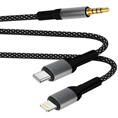Câble adaptateur LinQ pour iPhone et iPad - USB-C + Lightning vers Jack 3,5mm - Noir - Publicité Câble adaptateur LinQ pour iPhone et iPad - USB-C + Lightning vers Jack 3,5mm - Noir - Publicité