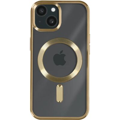Coque MagSafe en silicone pour iPhone 15 Plus - Protection caméra - Contour or - Publicité Coque MagSafe en silicone pour iPhone 15 Plus - Protection caméra - Contour or - Publicité