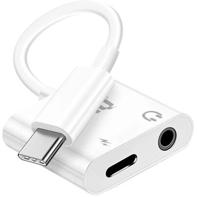 Adaptateur USB-C blanc LinQ avec audio 3,5 mm et charge rapide - Publicité Adaptateur USB-C blanc LinQ avec audio 3,5 mm et charge rapide - Publicité