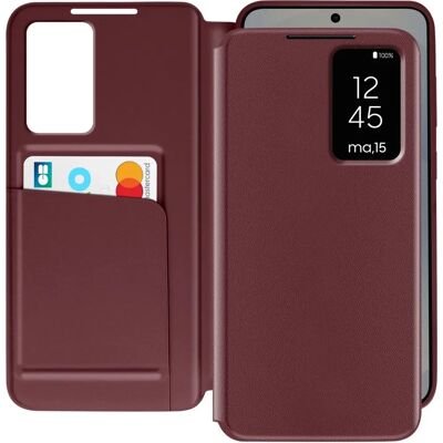 Coque en Cuir Burgundy pour Galaxy S25 - Fenêtre, Porte-cartes - Publicité Coque en Cuir Burgundy pour Galaxy S25 - Fenêtre, Porte-cartes - Publicité