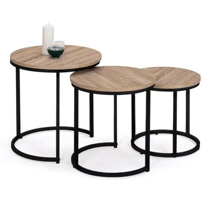 IDMARKET - Ensemble de 3 tables basses rondes industrielles - Bois naturel & métal noir IDMARKET - Ensemble de 3 tables basses rondes industrielles - Bois naturel & métal noir