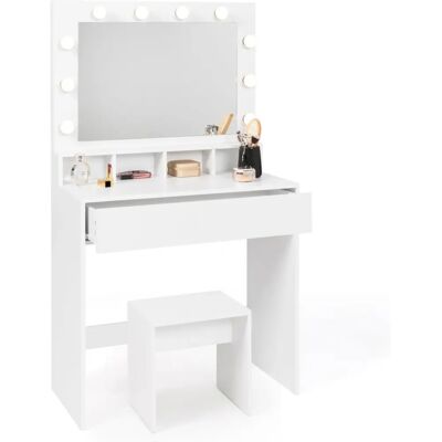IDMARKET ZELIA Coiffeuse blanche avec miroir LED, 4 compartiments et tabouret IDMARKET ZELIA Coiffeuse blanche avec miroir LED, 4 compartiments et tabouret