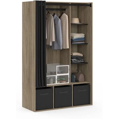 IDMARKET 105 x 50 x 172 cm Diane armoire avec étagères + boîtes de rangement + rideau en tissu noir - Armoire IDMARKET 105 x 50 x 172 cm Diane armoire avec étagères + boîtes de rangement + rideau en tissu noir - Armoire