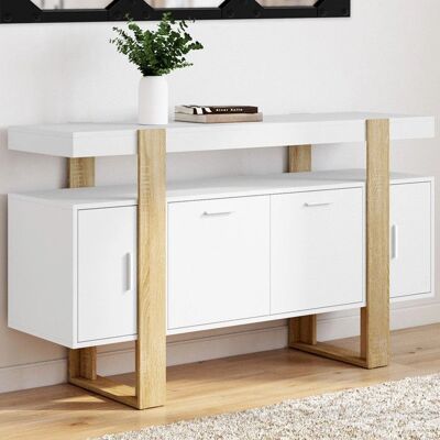 Idmarket Phoenix Buffet - 4 portes blanc et bois - 140cm Idmarket Phoenix Buffet - 4 portes blanc et bois - 140cm