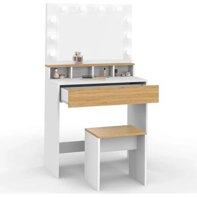 Coiffeuse ZELIA blanc et hêtre avec miroir LED - Idmarket Coiffeuse ZELIA blanc et hêtre avec miroir LED - Idmarket