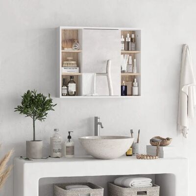 HOMCOM Miroir de salle de bain avec placard - Blanc & Chêne clair - Publicité HOMCOM Miroir de salle de bain avec placard - Blanc & Chêne clair - Publicité