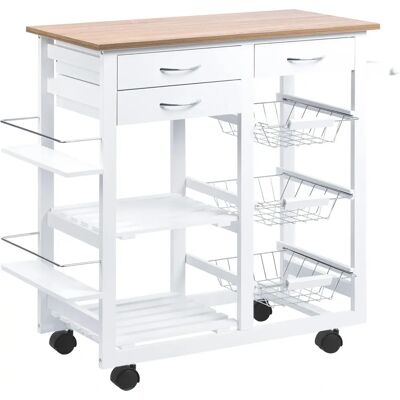 Chariot de cuisine HOMCOM avec roulettes - Blanc, imitation chêne - Rangement polyvalent - Publicité Chariot de cuisine HOMCOM avec roulettes - Blanc, imitation chêne - Rangement polyvalent - Publicité