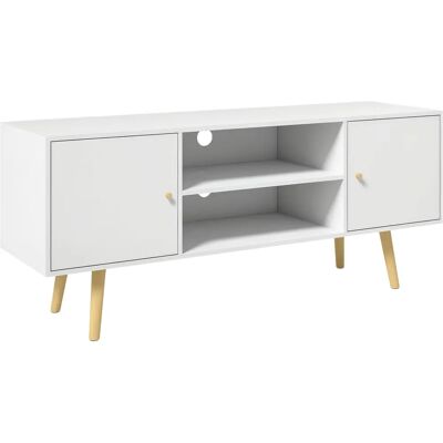Meuble TV style scandinave HOMCOM 2 portes 2 étagères blanc - 120x34x50cm - Publicité Meuble TV style scandinave HOMCOM 2 portes 2 étagères blanc - 120x34x50cm - Publicité