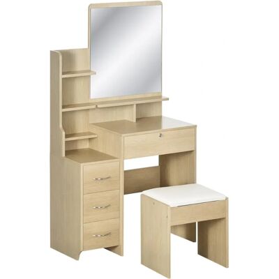 Ensemble de coiffeuse HOMCOM en bois naturel avec miroir et étagères - Publicité Ensemble de coiffeuse HOMCOM en bois naturel avec miroir et étagères - Publicité