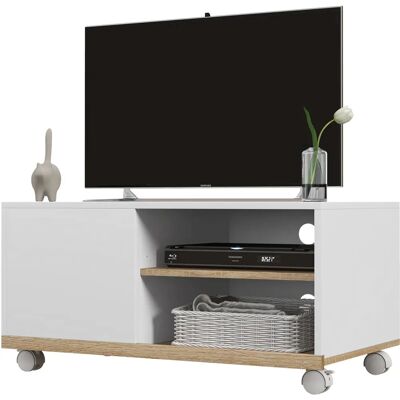 Meuble TV HOMCOM avec Roulettes - 2 Niches + Placard - Chêne Clair - Meuble TV - Publicité Meuble TV HOMCOM avec Roulettes - 2 Niches + Placard - Chêne Clair - Meuble TV - Publicité