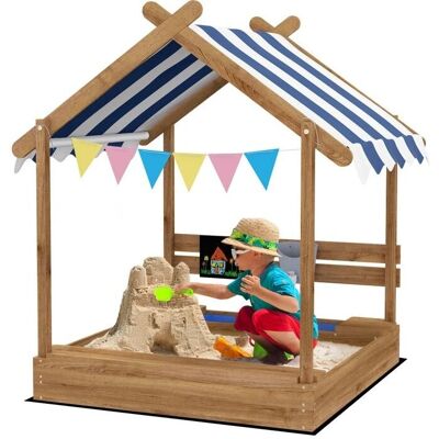Bac à sable en forme de maison en bois avec auvent, évier, tableau noir - Publicité Bac à sable en forme de maison en bois avec auvent, évier, tableau noir - Publicité