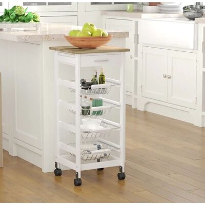 Carro de Cocina Blanco HOMCOM con 4 Cestas, Cajón y Superficie de Trabajo Efecto Madera - Carro de Cocina Carro de Cocina Blanco HOMCOM con 4 Cestas, Cajón y Superficie de Trabajo Efecto Madera - Carro de Cocina