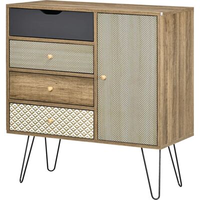 Buffet HOMCOM avec 4 tiroirs et 1 placard - Style bohème - 79x39x86cm - Publicité Buffet HOMCOM avec 4 tiroirs et 1 placard - Style bohème - 79x39x86cm - Publicité
