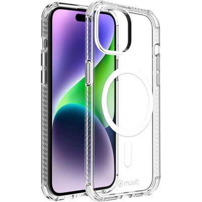 Coque transparente antichoc Muvit iPhone 15 - MagSafe - Publicité Coque transparente antichoc Muvit iPhone 15 - MagSafe - Publicité