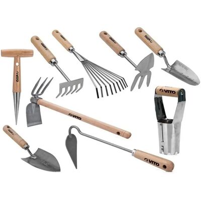 Ensemble d'Outils de Jardin VITOGARDEN - Forgé à la Main, Acier Inoxydable, 9 pièces - Publicité Ensemble d'Outils de Jardin VITOGARDEN - Forgé à la Main, Acier Inoxydable, 9 pièces - Publicité