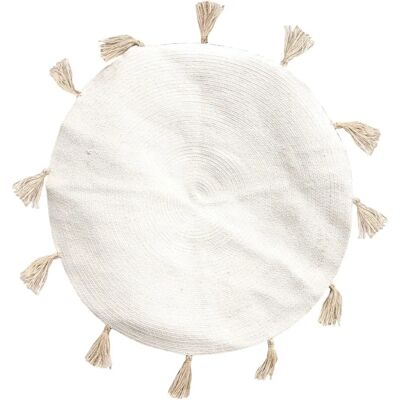 Tapis rond en coton beige avec pompons - 90cm Tapis rond en coton beige avec pompons - 90cm