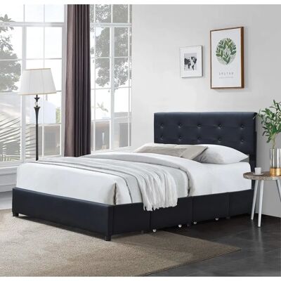 Cama de Madera Sólida King of Dreams 140x190 con Almacenamiento y Cabecero Acolchado - Cama Cama de Madera Sólida King of Dreams 140x190 con Almacenamiento y Cabecero Acolchado - Cama