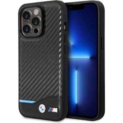 Coque BMW Leather Carbon Ligne Bleue pour iPhone 14 Pro Coque BMW Leather Carbon Ligne Bleue pour iPhone 14 Pro