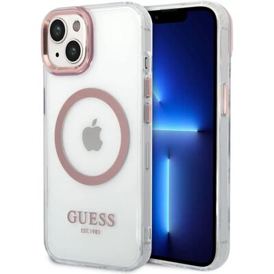 Coque Guess pour iPhone 14 Plus MagSafe - Transparente, Contour Doré, Métal, TPU, Fin - Publicité Coque Guess pour iPhone 14 Plus MagSafe - Transparente, Contour Doré, Métal, TPU, Fin - Publicité