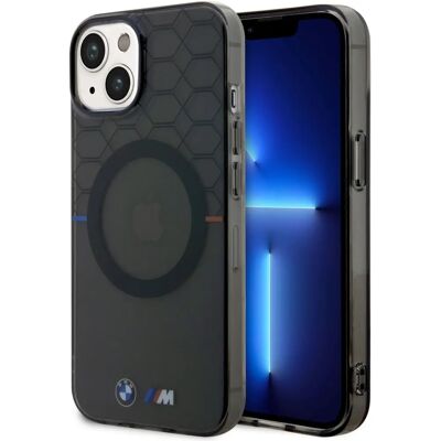 Coque BMW pour iPhone 14 - Gris, MagSafe, Motif Hexagone Coque BMW pour iPhone 14 - Gris, MagSafe, Motif Hexagone