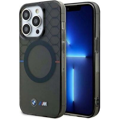Coque BMW iPhone 14 Pro Max - Gris, MagSafe, Motif Hexagone - Étui Coque BMW iPhone 14 Pro Max - Gris, MagSafe, Motif Hexagone - Étui