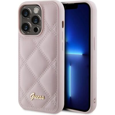 Guess HardCase mit gestepptem Metall-Logo für Apple iPhone 15 Pro Rosa Guess HardCase mit gestepptem Metall-Logo für Apple iPhone 15 Pro Rosa