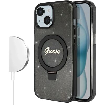 Coque Guess Noire MagSafe pour iPhone 15 Plus avec Support Annulaire Coque Guess Noire MagSafe pour iPhone 15 Plus avec Support Annulaire