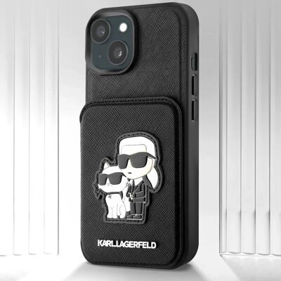 Karl Lagerfeld iPhone 15 Plus Saffiano Hülle mit Kartenhalter, Schwarz Karl Lagerfeld iPhone 15 Plus Saffiano Hülle mit Kartenhalter, Schwarz