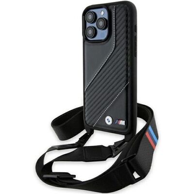 Coque BMW iPhone 15 Pro Max - Rayures en carbone & Sangle Coque BMW iPhone 15 Pro Max - Rayures en carbone & Sangle
