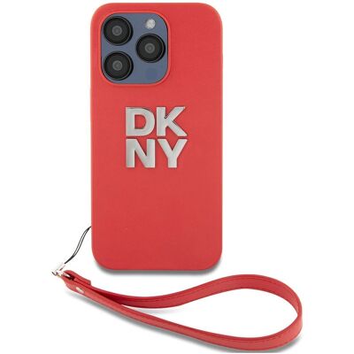 DKNY iPhone 14 Pro Rotes Leder Stack Logo Armband Hülle DKNY iPhone 14 Pro Rotes Leder Stack Logo Armband Hülle