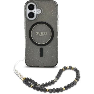 Guess iPhone 16 Hoesje Zwart Glitter Parelband MagSafe Guess iPhone 16 Hoesje Zwart Glitter Parelband MagSafe