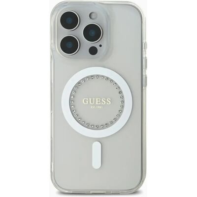 Guess IML Rhinestones Ring MagSafe Hülle für iPhone 16 Pro Max - Weiß Guess IML Rhinestones Ring MagSafe Hülle für iPhone 16 Pro Max - Weiß