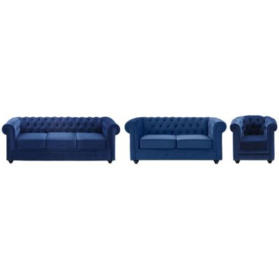 Ensemble Canapé et Fauteuil Chesterfield - Velours Bleu - Design Classique - Publicité Ensemble Canapé et Fauteuil Chesterfield - Velours Bleu - Design Classique - Publicité