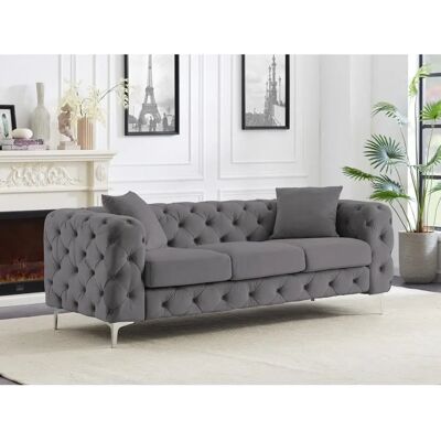 Canapé Chesterfield Vente-Unique - 3 Places Velours Gris - Publicité Canapé Chesterfield Vente-Unique - 3 Places Velours Gris - Publicité