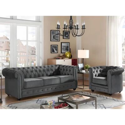Ensemble Canapé et Fauteuil Chesterfield en Velours - Gris anthracite - 3 & 1 places Ensemble Canapé et Fauteuil Chesterfield en Velours - Gris anthracite - 3 & 1 places