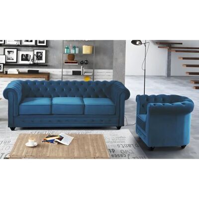 Canapé Velours Chesterfield - 3 Places & Fauteuil - Publicité Canapé Velours Chesterfield - 3 Places & Fauteuil - Publicité