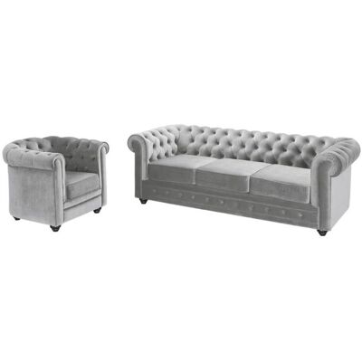 Ensemble Canapé Chesterfield en Velours - Gris Clair - 3 Places & Fauteuil - Publicité Ensemble Canapé Chesterfield en Velours - Gris Clair - 3 Places & Fauteuil - Publicité