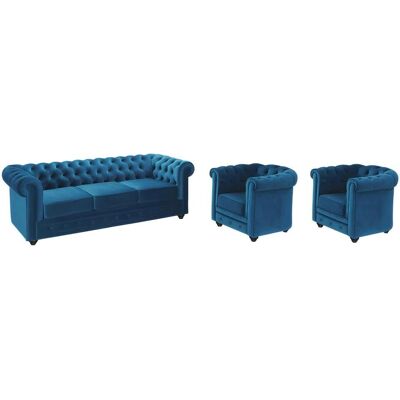 Canapé Chesterfield en velours - 3 places, 2 fauteuils - Vert bleuté - Publicité Canapé Chesterfield en velours - 3 places, 2 fauteuils - Vert bleuté - Publicité