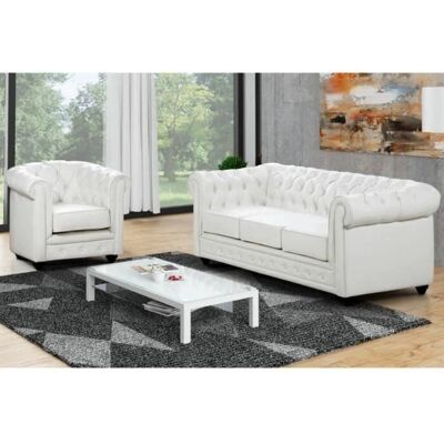 Ensemble Canapé Chesterfield Vente-unique - Blanc - 3 places & Fauteuil - Publicité Ensemble Canapé Chesterfield Vente-unique - Blanc - 3 places & Fauteuil - Publicité
