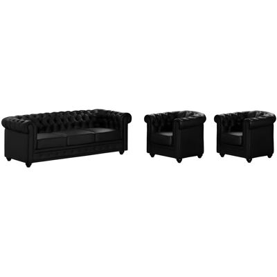 Conjunto Sofá y Sillón Chesterfield - Cuero sintético - Negro - 205x88x72 cm Conjunto Sofá y Sillón Chesterfield - Cuero sintético - Negro - 205x88x72 cm