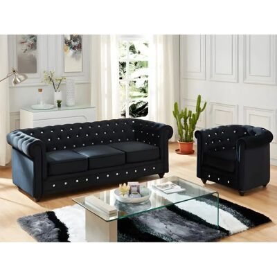 Canapé Velours Chesterfield Unique - 3 Places & Fauteuil - Publicité Canapé Velours Chesterfield Unique - 3 Places & Fauteuil - Publicité