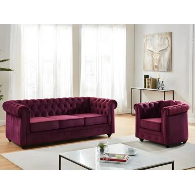Canapé Chesterfield Velours Bordeaux - 3 Places & Fauteuil Canapé Chesterfield Velours Bordeaux - 3 Places & Fauteuil