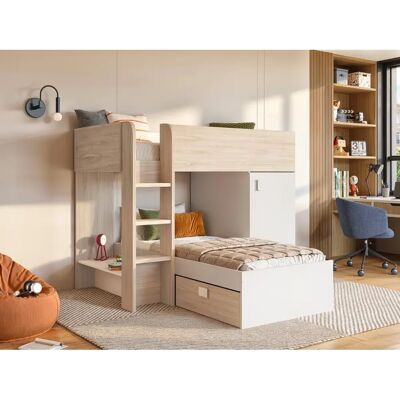 Lits superposés réversibles d'angle avec rangement - 90x190 cm - Nature clair & Blanc - Type de produit Lit superposé Lits superposés réversibles d'angle avec rangement - 90x190 cm - Nature clair & Blanc - Type de produit Lit superposé