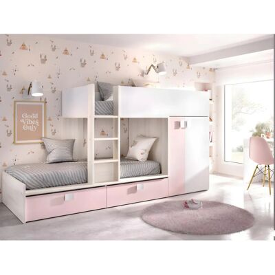 Lits superposés JUANITO de Unique avec rangement - Blanc, Rose, Naturel Lits superposés JUANITO de Unique avec rangement - Blanc, Rose, Naturel