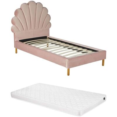Lit Velours MOANA avec Tête de Conque - 90x190cm - Rose - Publicité Lit Velours MOANA avec Tête de Conque - 90x190cm - Rose - Publicité