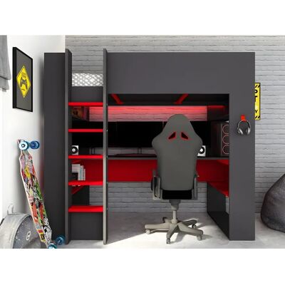 Unikalne łóżko piętrowe gamer Noah z biurkiem i LED - 90x200cm Unikalne łóżko piętrowe gamer Noah z biurkiem i LED - 90x200cm