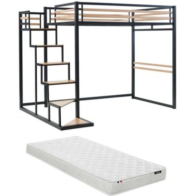 Letto a soppalco JOGUI - Metallo & MDF - Nero & Naturale - 140x200cm Letto a soppalco JOGUI - Metallo & MDF - Nero & Naturale - 140x200cm