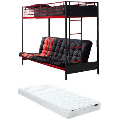 Vente-unique Lit mezzanine avec banquette convertible - Métal - Noir & Rouge - 90x190cm - Publicité Vente-unique Lit mezzanine avec banquette convertible - Métal - Noir & Rouge - 90x190cm - Publicité